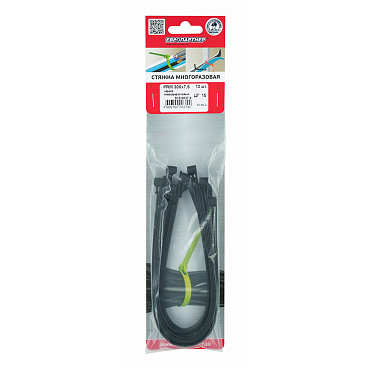 Стяжка кабельная Европартнер 300х7,5 мм многоразовая нейлоновая черная (12 шт.)