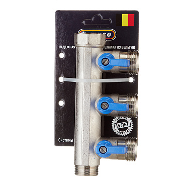 Коллектор Henco 3/4 ВР(г) х 3 выхода 3/4 НР(ш) ЕК х 3/4 НР(ш) с шаровыми кранами (VB050503-BLAUW)