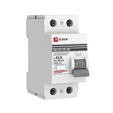 УЗО EKF PROxima ВД-100 63А 1P+N тип AC 300 мА 4,5 кА (elcb-2-63-300-em-pro)