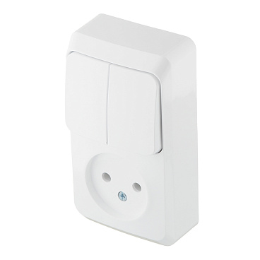 Блок выключатель и розетка Systeme Electric Этюд двухклавишный накладной белый (BPA16-205B)