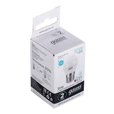 Лампа светодиодная Gauss E27 4100К 10 Вт 730 Лм 180-240 В шар матовая