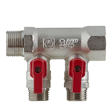 Коллектор Valtec 3/4 ВР(г) х 2 выхода 1/2 НР(ш) х 3/4 НР(ш) с шаровыми кранами (VTc.580.N.0502)