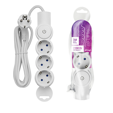 Удлинитель Düwi 3 розетки 3 м ПВС 3х0,75 кв.мм 10 А 2,2 кВт с кнопкой белый (32008 3)