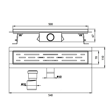 Лоток душевой Ore с гидрозатвором 500х60 мм d40 мм решетка из нержавеющей стали (Drain H2)