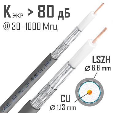 Кабель коаксиальный телевизионный SAT 703 ZH 1х1,13 мм экранированный Cavel