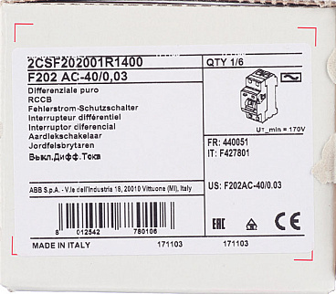 УЗО ABB S F202 40А 1P+N тип AC 30 мА 10 кА (2CSF202001R1400)