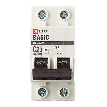 Автоматический выключатель модульный EKF Basic ВА 47-29 2P 25А тип C 4,5 кА 230 В (mcb4729-2-25C)