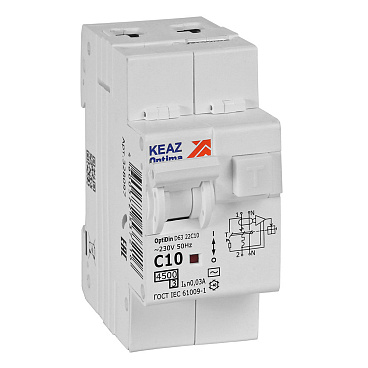 Автомат дифференциальный КЭАЗ OptiDin D63 10А 1P+N тип AC 30 мА 4,5 кА (328097)