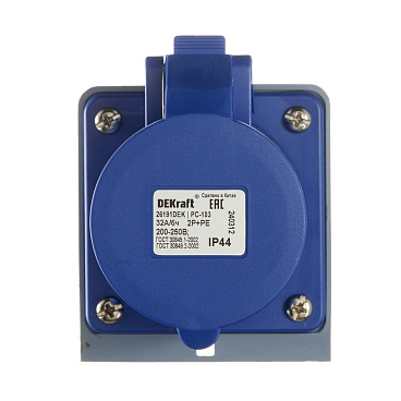 Розетка силовая угловая настенная Dekraft РС-103 с заземлением 2P+PE 1 фаза 32 А 220 В IP44 синяя (26191DEK)
