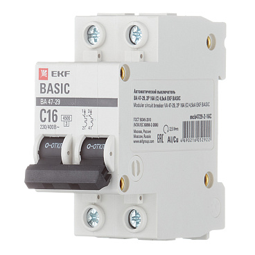 Автоматический выключатель модульный EKF Basic ВА 47-29 2P 16А тип C 4,5 кА 230 В (mcb4729-2-16C)
