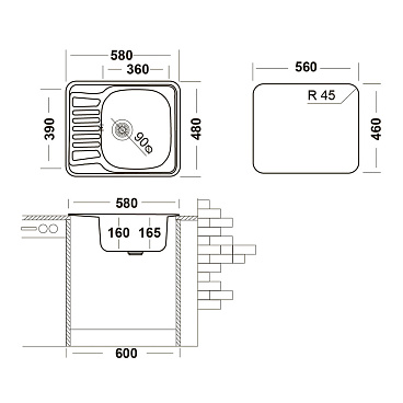 Мойка для кухни Ukinox Nord 58х48х16 см врезная с крылом сталь (Nr 580х480 (0,6) R, G)