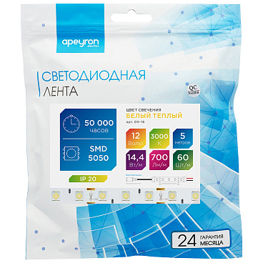 Лента светодиодная SMD 5050 Apeyron (000016) 3000К 14,4 Вт 12 В IP20 5 м