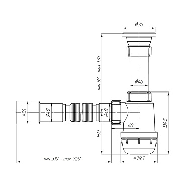 Сифон для раковины и мойки АНИ пласт 1 1/2х40 мм с выпуском d70 мм с соединением 40/50 мм (A0115)