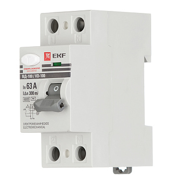 УЗО EKF PROxima ВД-100 63А 1P+N тип AC 300 мА 6 кА (elcb-2-6-63-300-em-pro)