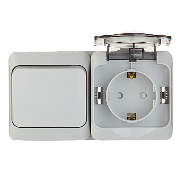 Блок переключатель и розетка Systeme Electric Этюд одноклавишный накладной серый (BPA16-246C)