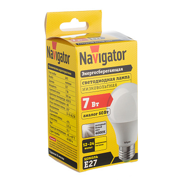 Лампа светодиодная Navigator E27 4000К 7 Вт 560 Лм 12-24 В груша A60 матовая