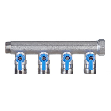 Коллектор Henco 3/4 ВР(г) х 4 выхода 3/4 НР(ш) ЕК х 3/4 НР(ш) с шаровыми кранами (VB050504-BLAUW)