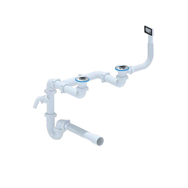 Сифон для двойной мойки АНИ пласт 3 1/2х40 мм со смещением с выпуском d115 мм с переливом с соединением 40 мм (LD0515SA15)