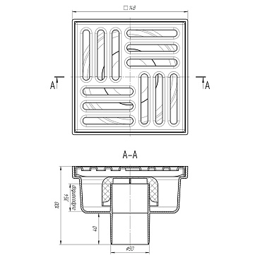 Трап душевой вертикальный АНИ пласт с гидрозатвором 150х150 мм d50 мм решетка из нержавеющей стали (TA5212)