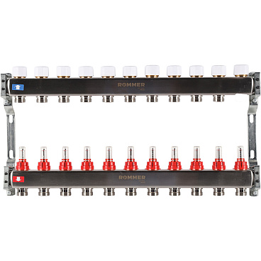 Коллекторная группа с расходомерами Rommer 1 ВР(г) х 11 выходов 3/4 НР(ш) ЕК х 1 ВР(г)