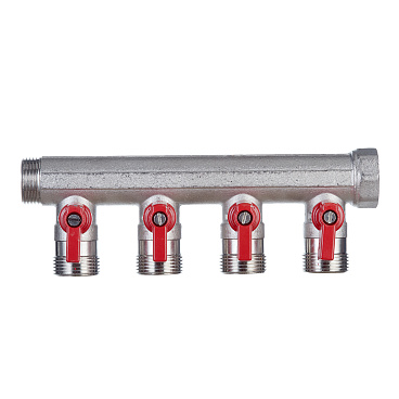 Коллектор Henco 3/4 ВР(г) х 4 выхода 3/4 НР(ш) ЕК х 3/4 НР(ш) с шаровыми кранами (VB050504-ROOD)