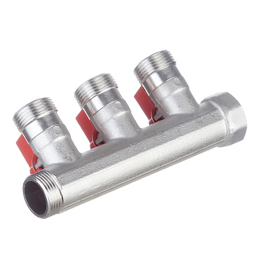Коллектор Henco 3/4 ВР(г) х 3 выхода 3/4 НР(ш) ЕК х 3/4 НР(ш) с шаровыми кранами (VB050503-ROOD)