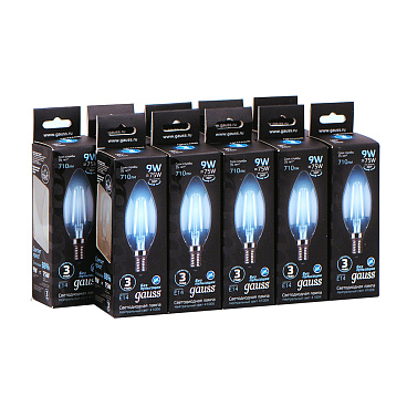 Лампа светодиодная филаментная Gauss E14  4100К 9 Вт 150-265 В свеча прозрачная (10 шт.)