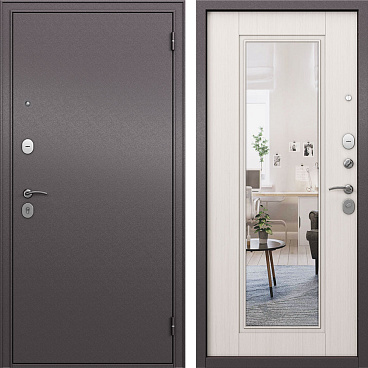 Дверь входная Mastino Ютта правая букле шоколад - ларче бьянко с зеркалом 860х2050 мм