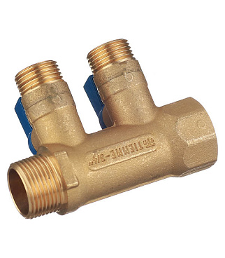 Коллектор Tiemme 3/4 ВР(г) х 2 выхода 1/2 НР(ш) ЕК х 3/4 НР(ш) с шаровыми кранами (1820029)