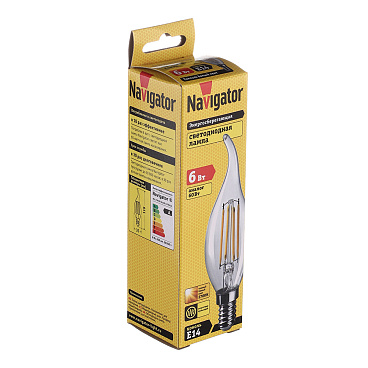 Лампа светодиодная филаментная Navigator E14  2700К 6 Вт 650 Лм 220 В свеча на ветру прозрачная