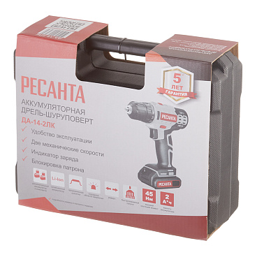Дрель-шуруповерт аккумуляторная Ресанта ДА-14-2ЛК 14 В 2 Ач Li-Ion 2 АКБ и ЗУ (75/14/4)