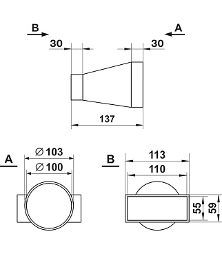 Соединитель эксцентриковый пластиковый для плоских воздуховодов 55х110 мм с круглыми d100 мм