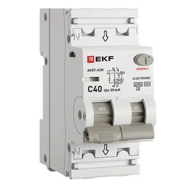 Автомат дифференциальный EKF PROxima АВДТ-63N 40А 1P+N тип A 30 мА 6 кА (D63N26EA40C30)
