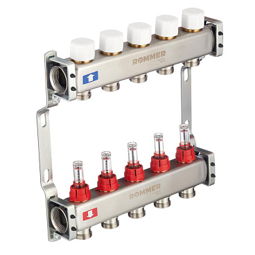 Коллекторная группа с расходомерами Rommer 1 ВР(г) х 5 выходов 3/4 НР(ш) ЕК х 1 ВР(г)
