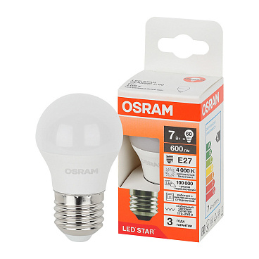 Лампа светодиодная Osram E27 4000К 7 Вт 600 Лм 230 В шар матовая