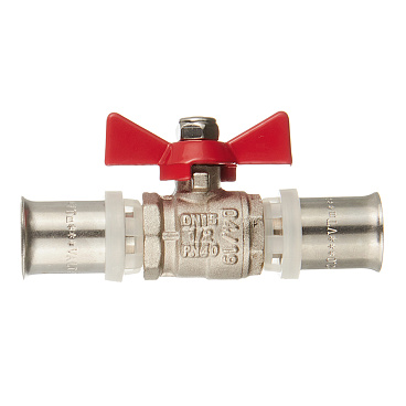 Кран шаровой латунный Valtec 16(пресс) х 16(пресс) для металлопластиковых труб бабочка прямой (VT.243.N.1616)