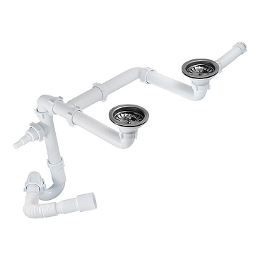 Сифон для двойной мойки АНИ пласт 3 1/2х40 мм со смещением с выпуском d115 мм с переливом с соединением 40 мм (LD0515SA15)