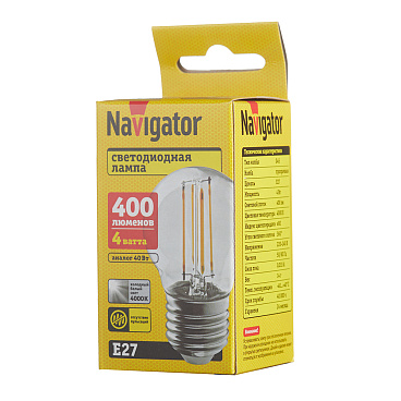 Лампа светодиодная Navigator E27 4000К 4 Вт 370 Лм 176-264 В шар прозрачная